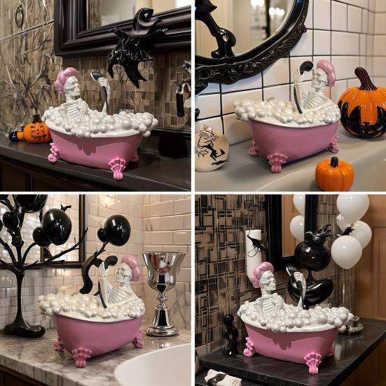 Halloween Bathing Skeleton Ornament Resin Bubble-Filled Bathtub Skeleton Figurine Statue Sculpture Home Office Holiday Party Decoration