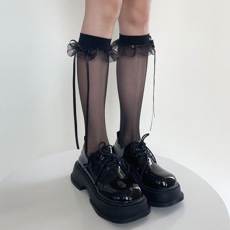 Spring & Summer Transparent Ballet Lace Girly Calf Socks with Bow Ribbon One Size
