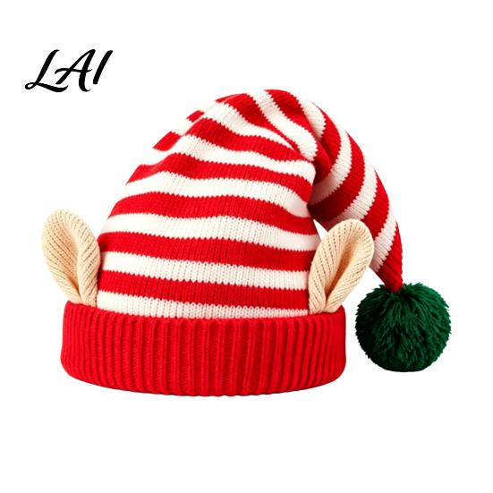 Comfortable Elastic Hat Christmas Elf Knitted Hat Ears And Fluffy Fur Ball Decor Soft Funny Cosplay Headwear Acrylic Striped Cap for Winter Festive