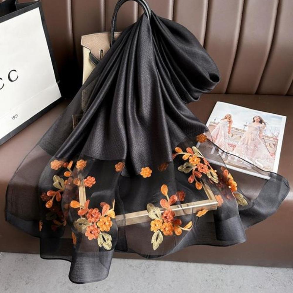 Elegant Floral Embroidered Silk Scarf For Women, Stylish Sunscreen Beach Shawl With Beaded Trim, Bohemian Windproof Must-Have