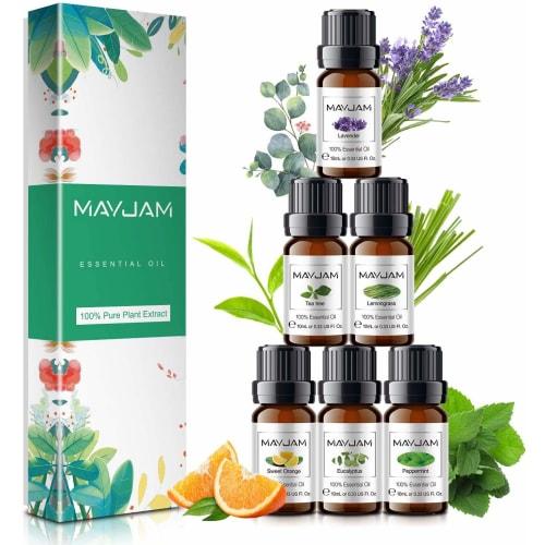 

MAYJAM Aromatherapy Oil Set of 6, Natural Essential Oils: Lavender, Eucalyptus, Peppermint, Sweet Orange, Lemongrass, and Tea Tree. 10ml x 6 Bottles.