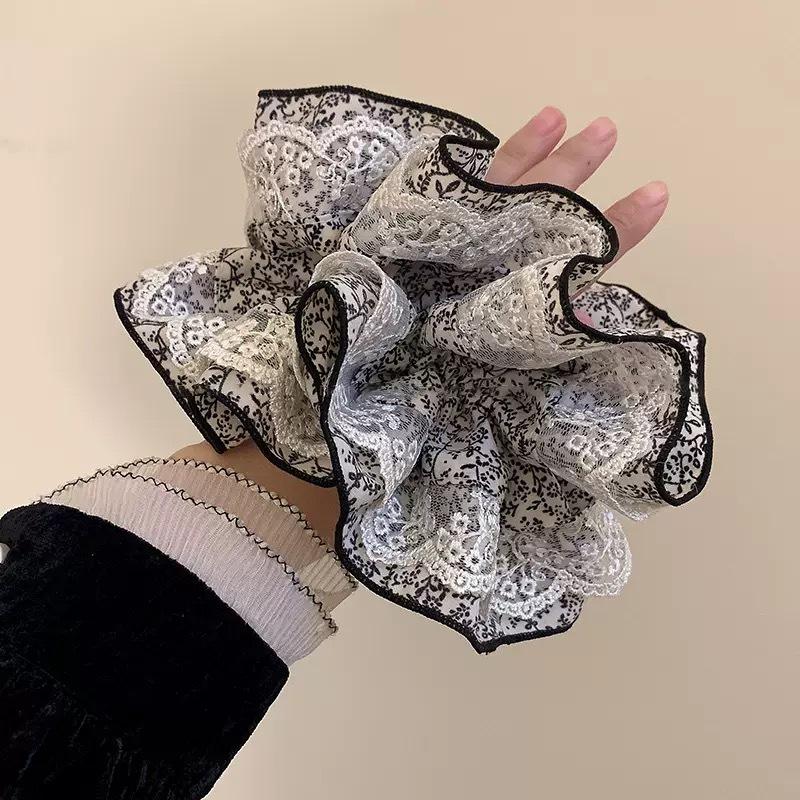 French Luxury Lace Scrunchies Black White Floral Hair Bundle Elegant Oversized Hair Ropes Ties Women Ponytail Holder Gift белый