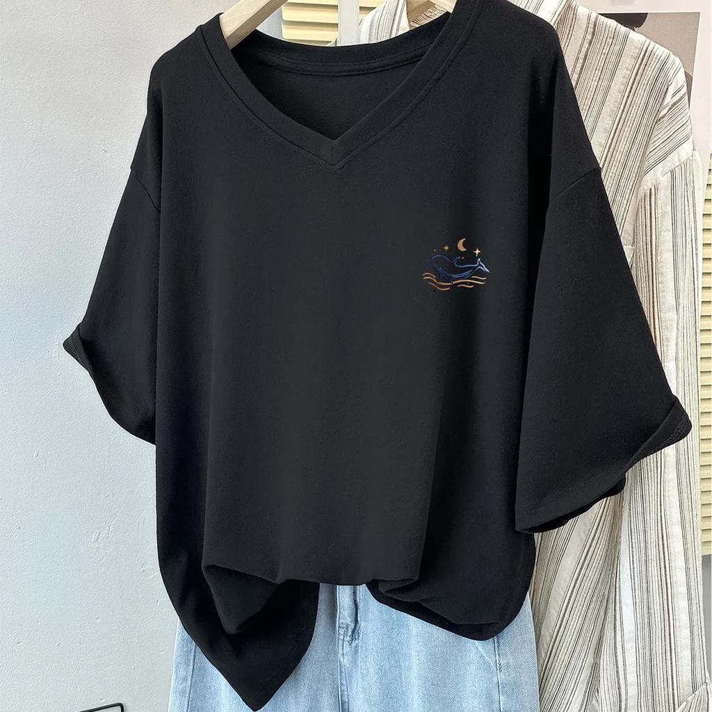Camiseta Feminina de Verão com Manga Curta e Ombro Normal, Corte Solto, Tamanho Plus Size, Top Elegante com Decote em V e Design que Cobre a Barriga