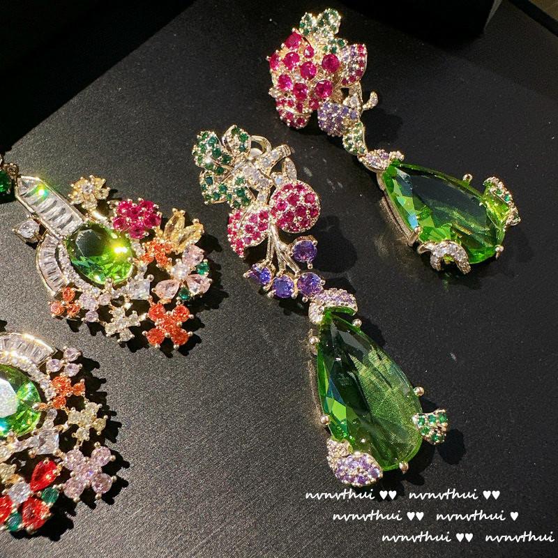 Vine Mermaid Tears Apple Emerald Water Drop Earrings, Lemonade Pear Plated 18K Gold Olive Green Zircon Flower Earrings