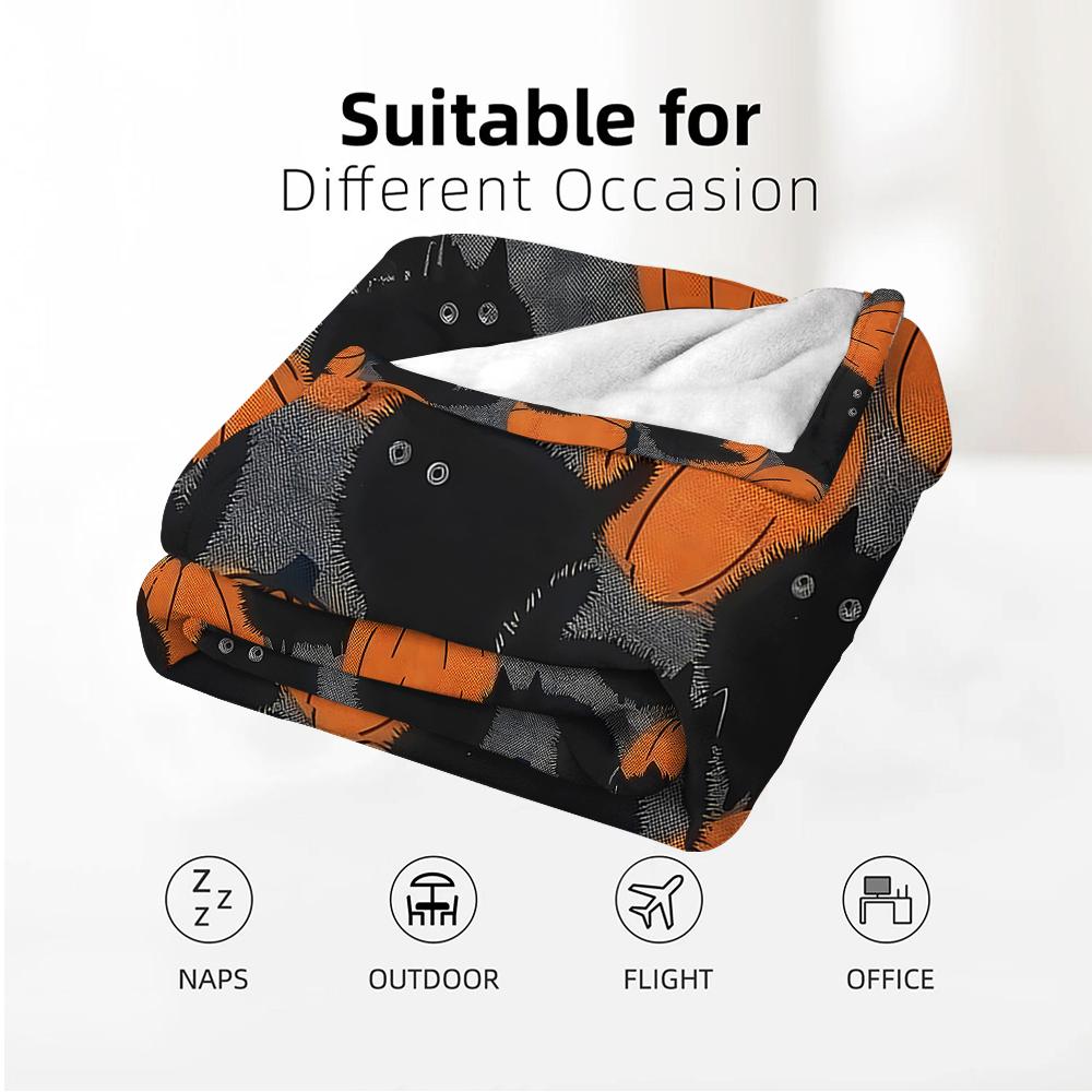 Grey Black Cat Pumpkin Soft Flannel Blanket Breathable Warm Throw for Office Car Sofa Kids Room Birthday Xmas Gift