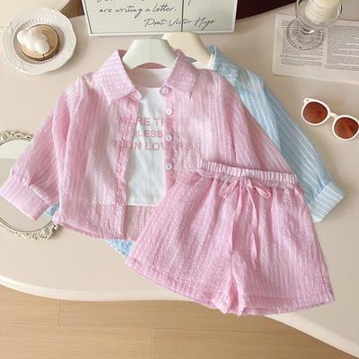 2025 Summer Vertical Stripe Sun Protection Girls' Three-Piece Suit: Long-Sleeve Top, Shorts