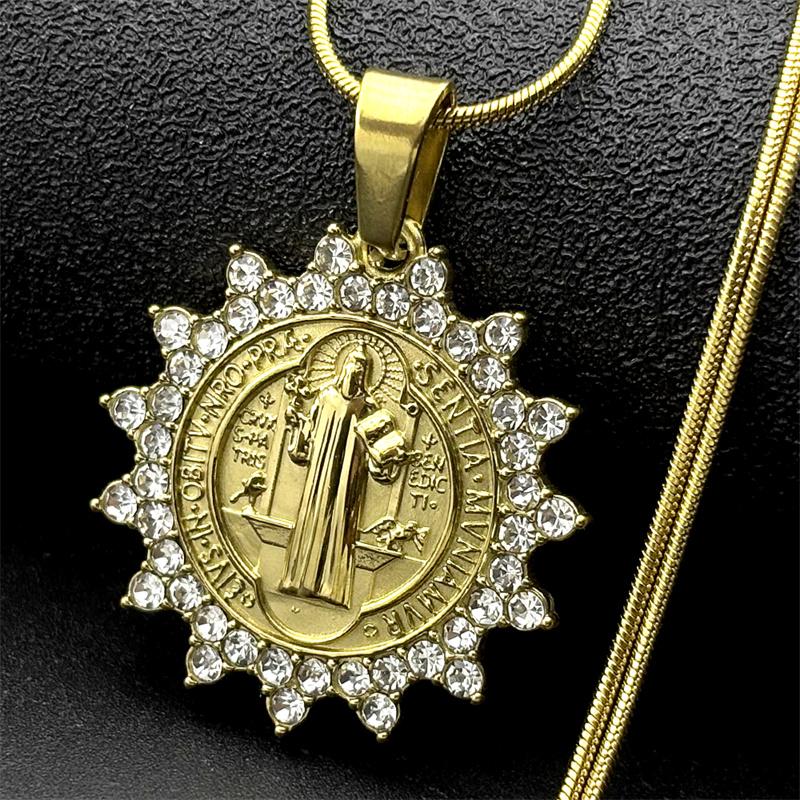 Catholic Saint Benedict Rhinestones Medal Stainless Steel Pendant Necklace for Women Men Gold Color Chain Jewelry san benito