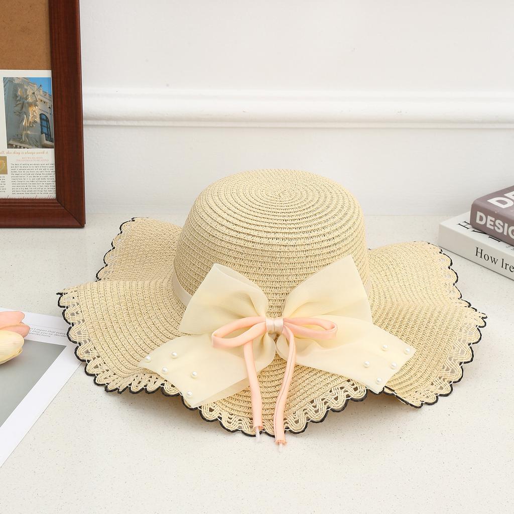 Sunshade Hat Summer Bow Pearl Grass Hat Simple Sun Protection Lace Sun Hat
