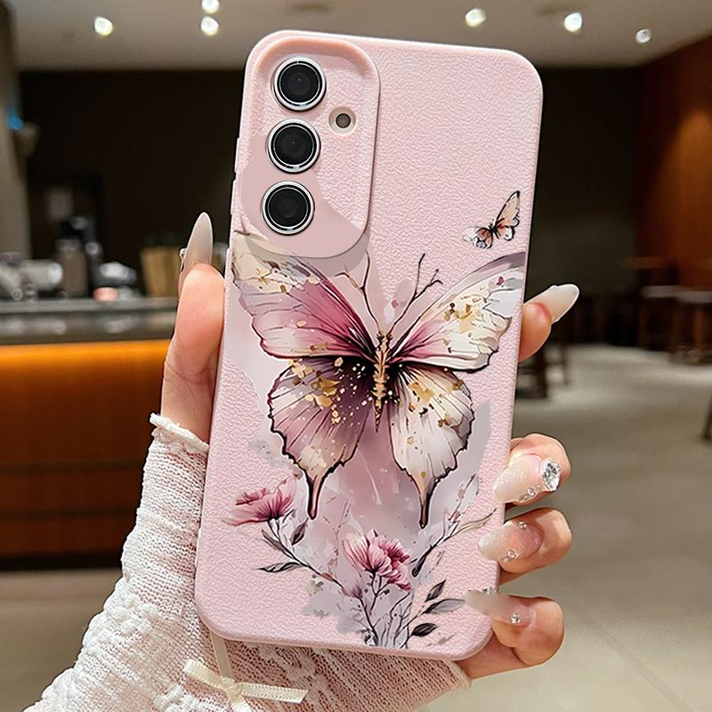 Pink Butterfly Watercolor Pattern Case For Samsung Galaxy A57 A56 A55 A54 5G A37 A36 A35 A34 A26 A25 A17 A16 A15 A14 Leather Texture Silicone Cover