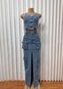 Trendy Sexy Denim Set: Zipper Spaghetti Strap Top & Split Long Skirt with Pockets