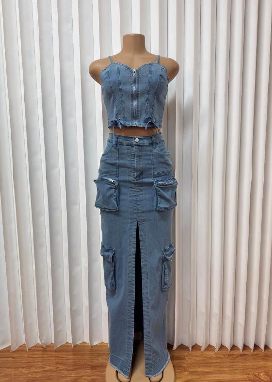 Trendy Sexy Denim Set: Zipper Spaghetti Strap Top & Split Long Skirt with Pockets