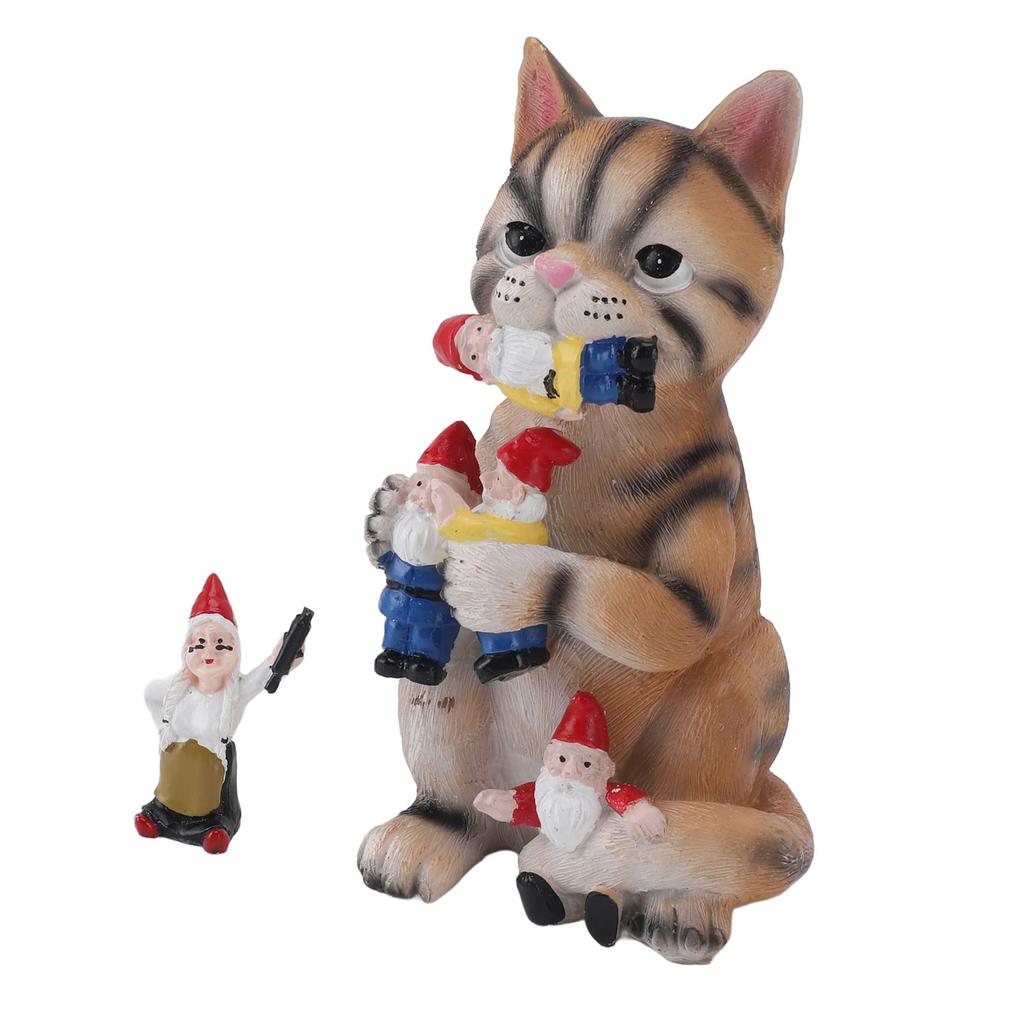 Cat Eating Gnomes Statue Resin Funny Fade Proof Cat Eating Gnomes Sculpture for Outdoor Garden