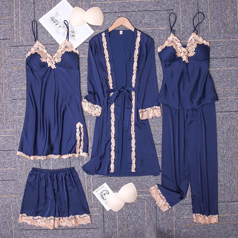Yao Ting Satin Chiffon Five-Piece Pajama Set: Ice Silk, Casual, Sexy, with Chest Pads for Spring/Summer