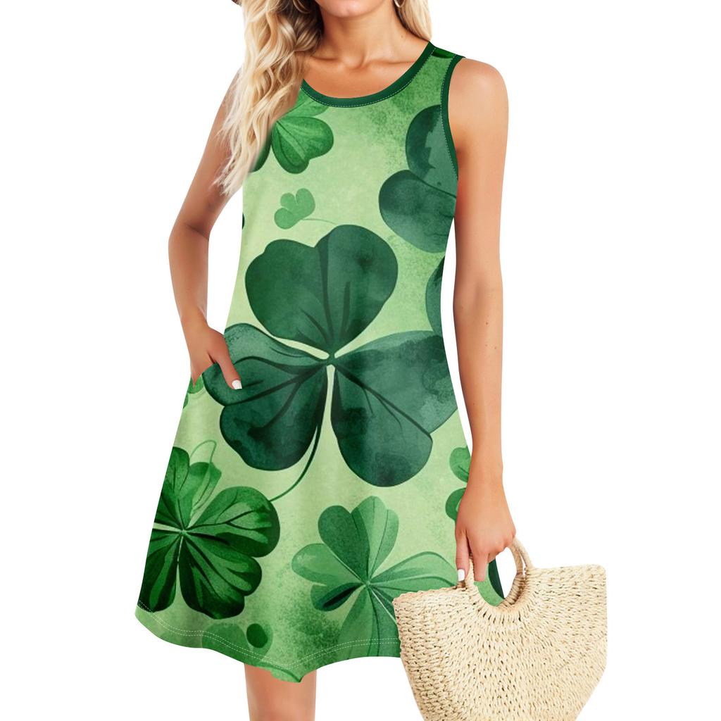 Summer Dresses For Women Beach Boho Sleeveless St. Patrick's Day Printing Flowy Pocket Tshirt Tank Sundresses