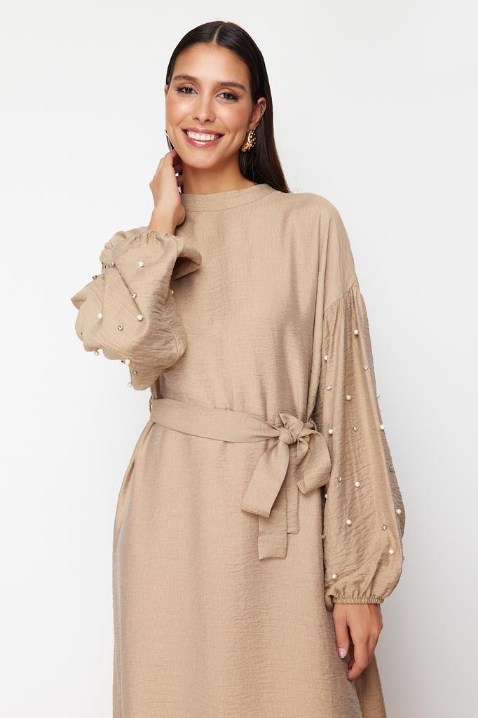 Women's Fashion New Hijab Dress Black Belted Pearl and Stone Detailed Woven Dress