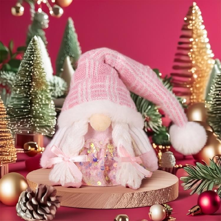 Pink Dwarfs Christmas Decorationtoy With Sequined Hat/Dress,Embroidered Detail, Plushie Feel Mini Plushie Toy