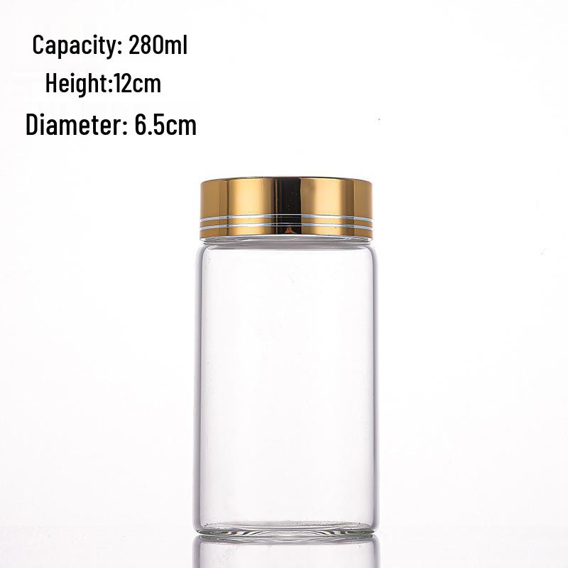 65mm Thickened High-Transparency Glass Bottle with Gold Oxidized Aluminum Screw Cap for Cereal and Grain Packaging.