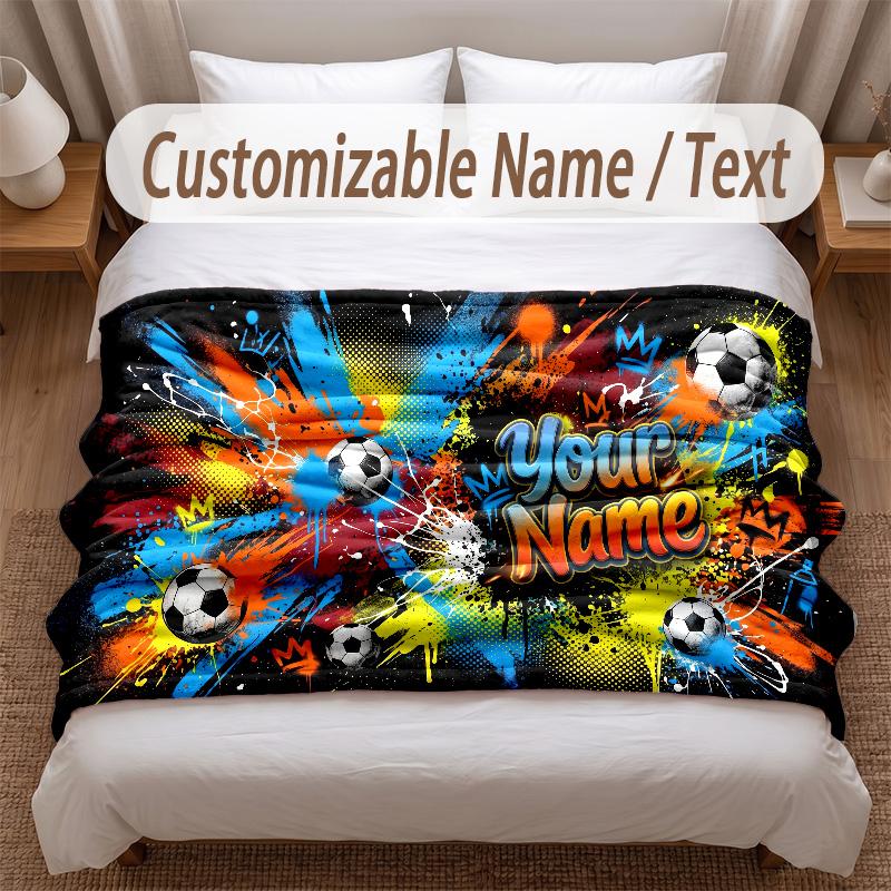 Soccer Theme Soft Blanket Personalized Custom Name Text Print Warm Blanket Home Sofa Bedroom Decor