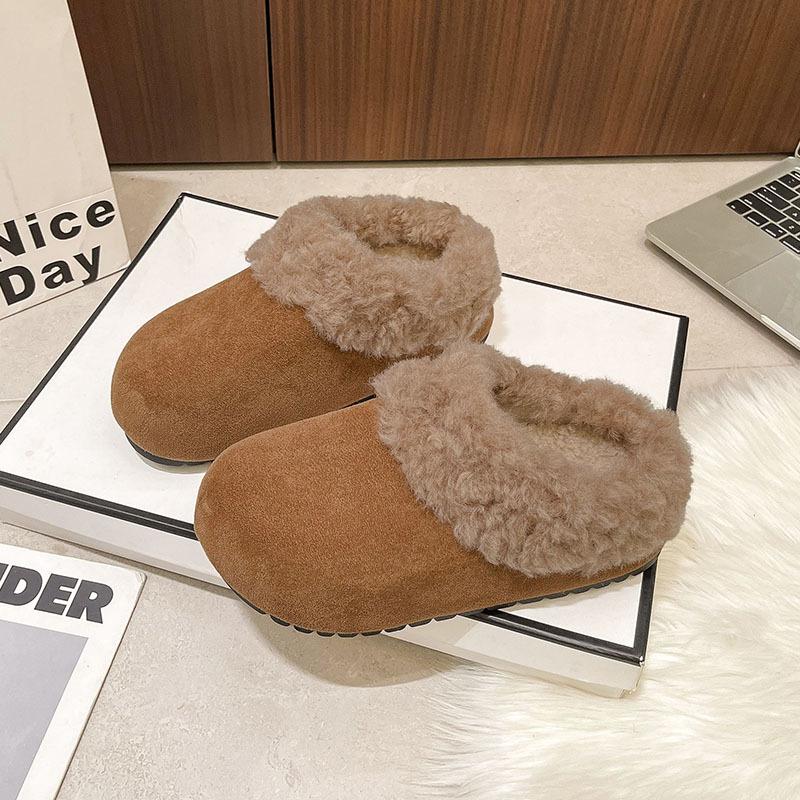 Women's Retro Lightweight and Comfortable Non-slip Heightening Winter Warm Plush Lining Non-slip Durable Casual Cotton One-step Half Slippers