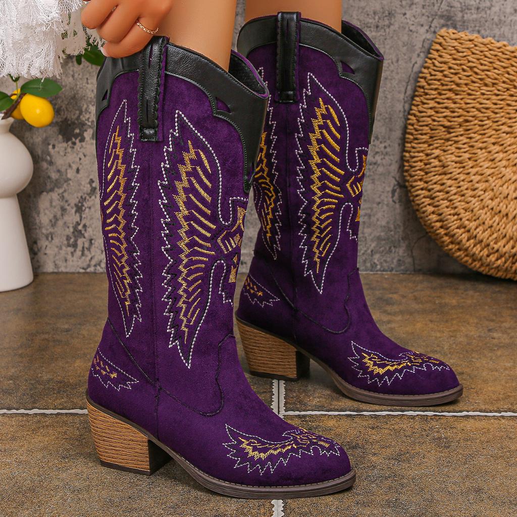 Fashion Retro Pointed Thick High Heels Knee-high Embroidery Cosplay Riding Boots Western Cowboy Boots Unisex Multi-color Knight Boots