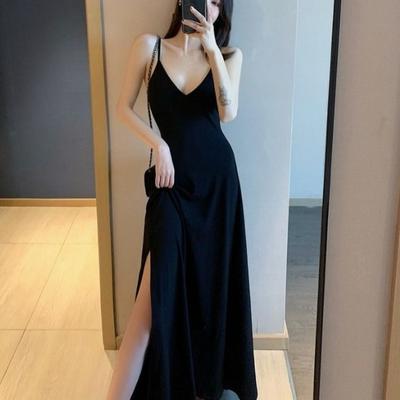 Marke Frauen Koreanischen Stil Ins Temperament Stil Dünne Schulter Gurt Tiefem V-ausschnitt Einfarbig Schlank Lange Neckholder Kleid Rückenfreie Kleider