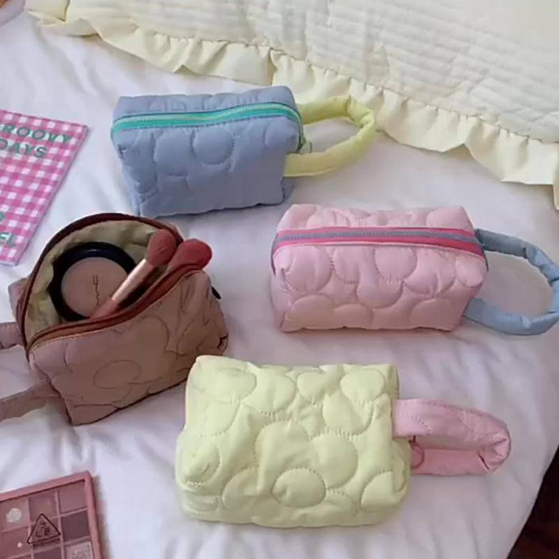Candy Colors Cosmetic Bag Soft Flannel Cartoon Pattern Fashion Handbag For Women