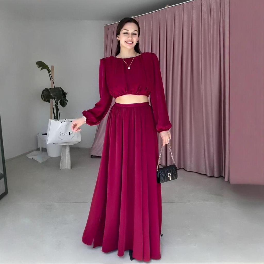 Herbst 2025 Damen Rundhals Langarm Top & A-Linien Rock Set