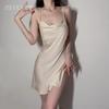 Ziqu Sexy Satin Deep V Slit Backless Nightdress for Women