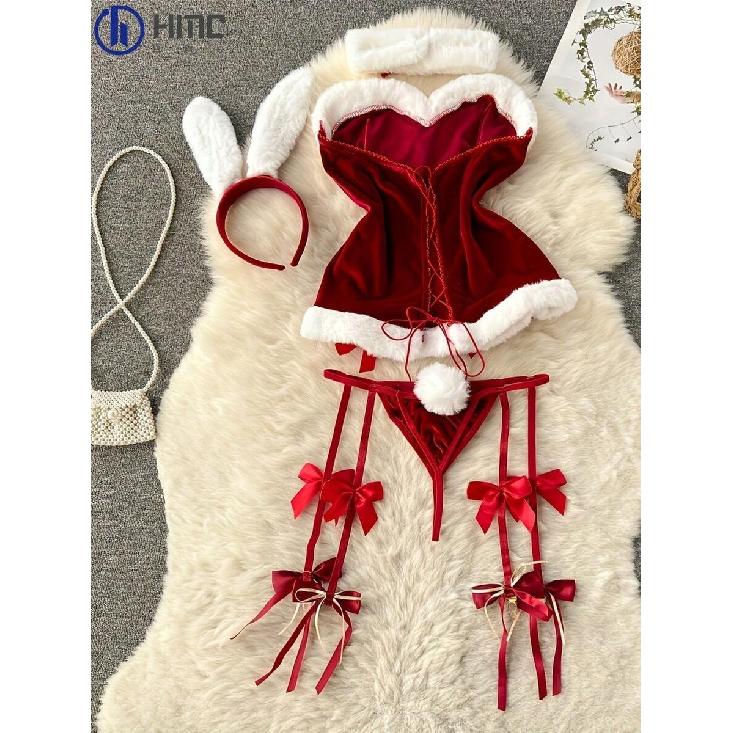 Sexy Naughty Santa Claus Cosplay Costume - Red and White Stretch Fabric Lingerie Set with Burgundy Bow, Thong, Headband and Collar - Adjustable