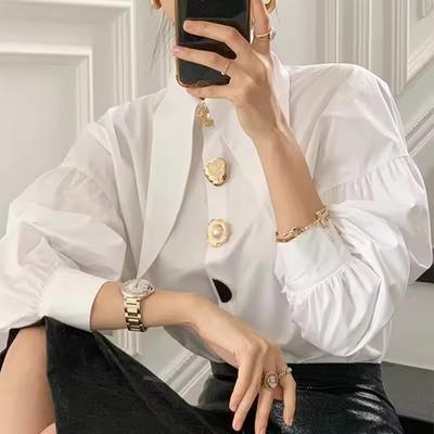 Women Shirts White Elegant Pearl  Sharp Corner Collar Loose Long Sleeve Ladies Blouse Chic Female Tops