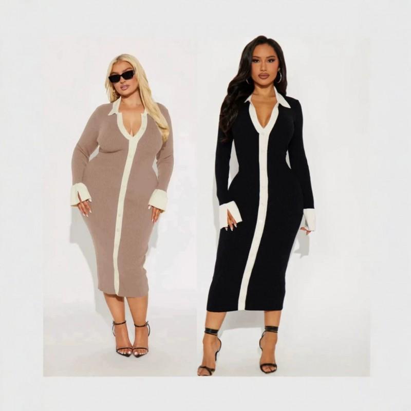 Elegant French Style Knit Midi Dress With Flared Sleeves High Waist Colorblock Detail Womens Winter Outfit
