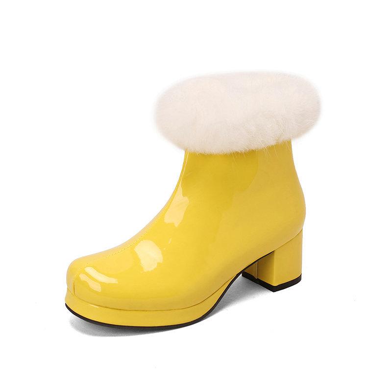 Women's Short Boots Autumn and Winter Patent Leather Thick Heels High Heels Rabbit Fur Side Zipper Warm Cotton Shoes