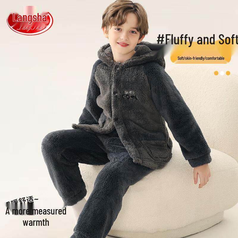 Langsha Jungen Dickes Flanell Kapuzen-Pyjama-Set