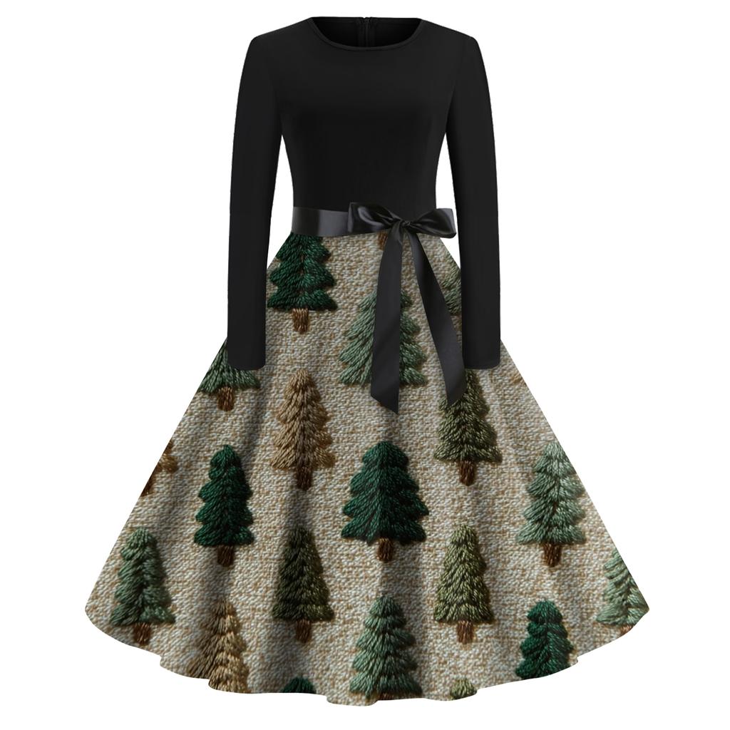 Women's Fashion Round Casual Slim Fit Christmas Print Large Swing Long Sleeve Dress