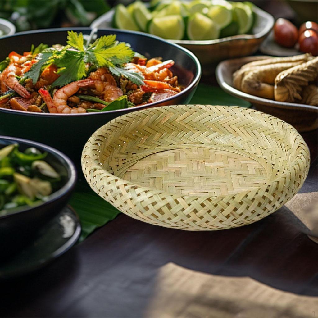 Bamboo Round Serving Tray Basket Accessories Craft Decorative Circle Food Hand Woven Dish for