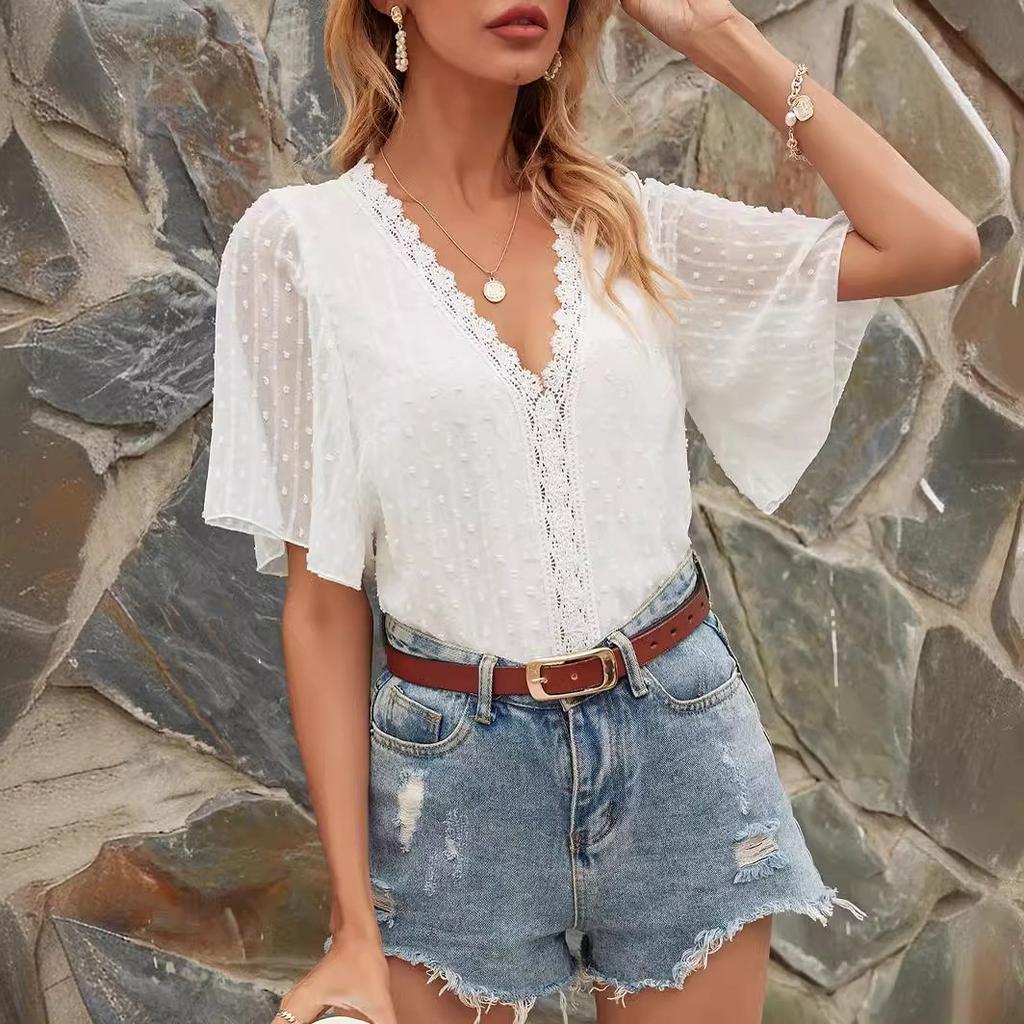 Chiffon Loose Solid Dot Chiffon Cedar Pullover T-shirt Butterfly Sleeve Top Women's Clothing