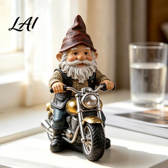Retro Motorcycle Gnome Ornament Riding Figurine Motorbike Dwarf Resin Statue Sculpture Sculpture for Home Office Desk Bookshelf Weatherproof