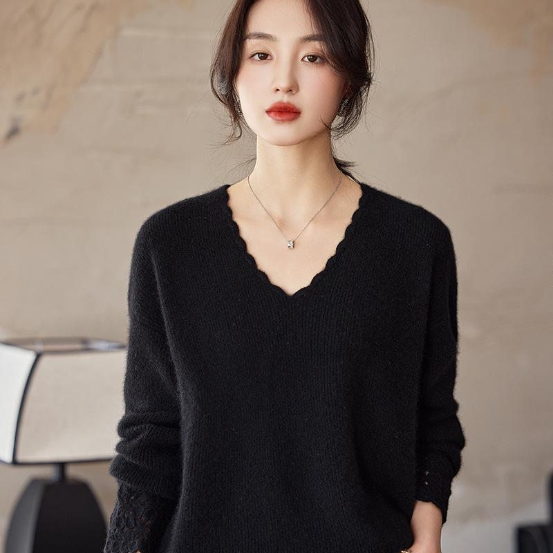Women's Korean V-Neck Wool Knit Sweater - Autumn/Winter 2025, Soft Loose Fit.
