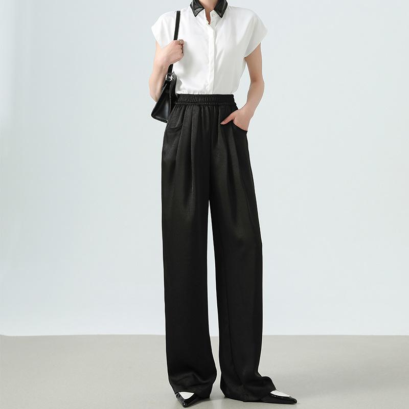 Narrow Version Wide-leg Pants Women's Spring New High-waisted Loose Jacquard Satin Straight Trousers Casual Pants