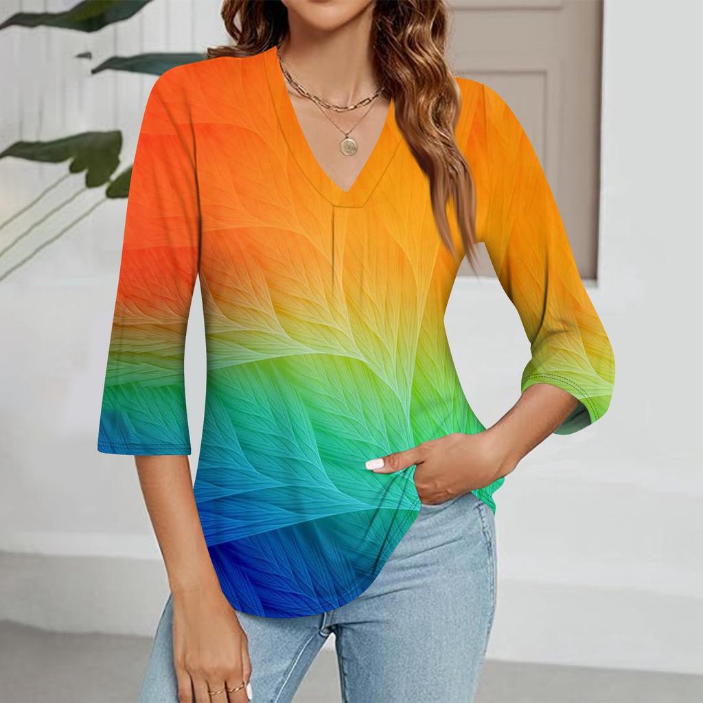Women's Casual V-neck Gradient Print Three-quarter Sleeve Fashion Top