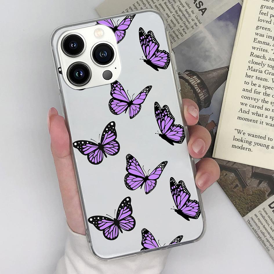 Case Cover For Apple iPhone X XS XR SE 15 14 13 12 11 Pro Max Butterfly Flower Fashion Transparent Matte Shockproof Soft Silicone For iPhone Bumper