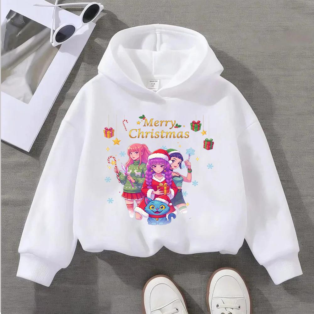 Festive Christmas Kids Hoodie with Adorable Anime Girls and Cute Cat Design for Season's Greetings