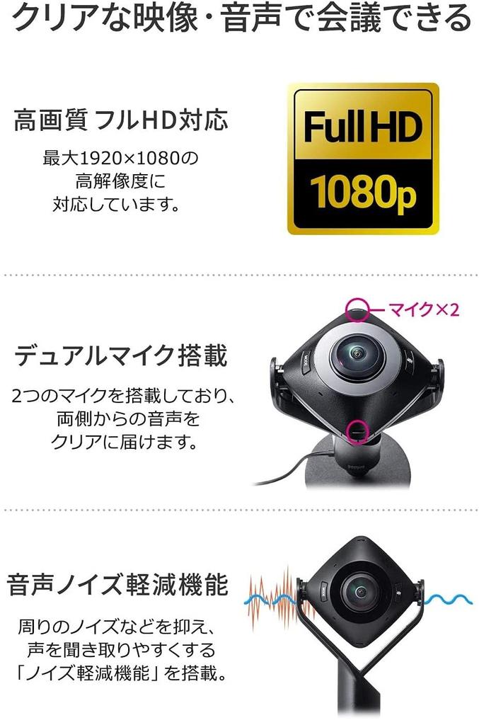 Sanwa Direct Webcam mit 2 kompatiblen Stativen für Winkel und Höhe, 3 m, 1 360-Grad-Mikrofon mit Geräuschunterdrückung, Megapixel, Zoom, Skype, Teams,