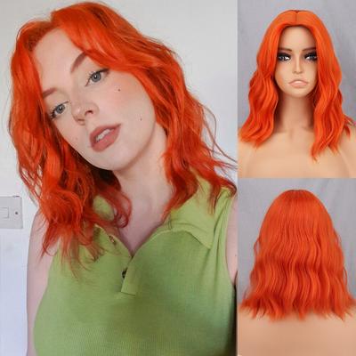Short Orange Water Wave Wigs with Center Part Bangs Synthetic Fiber Short Bob Wavy Wig for Woman Party Lolita Cosplay