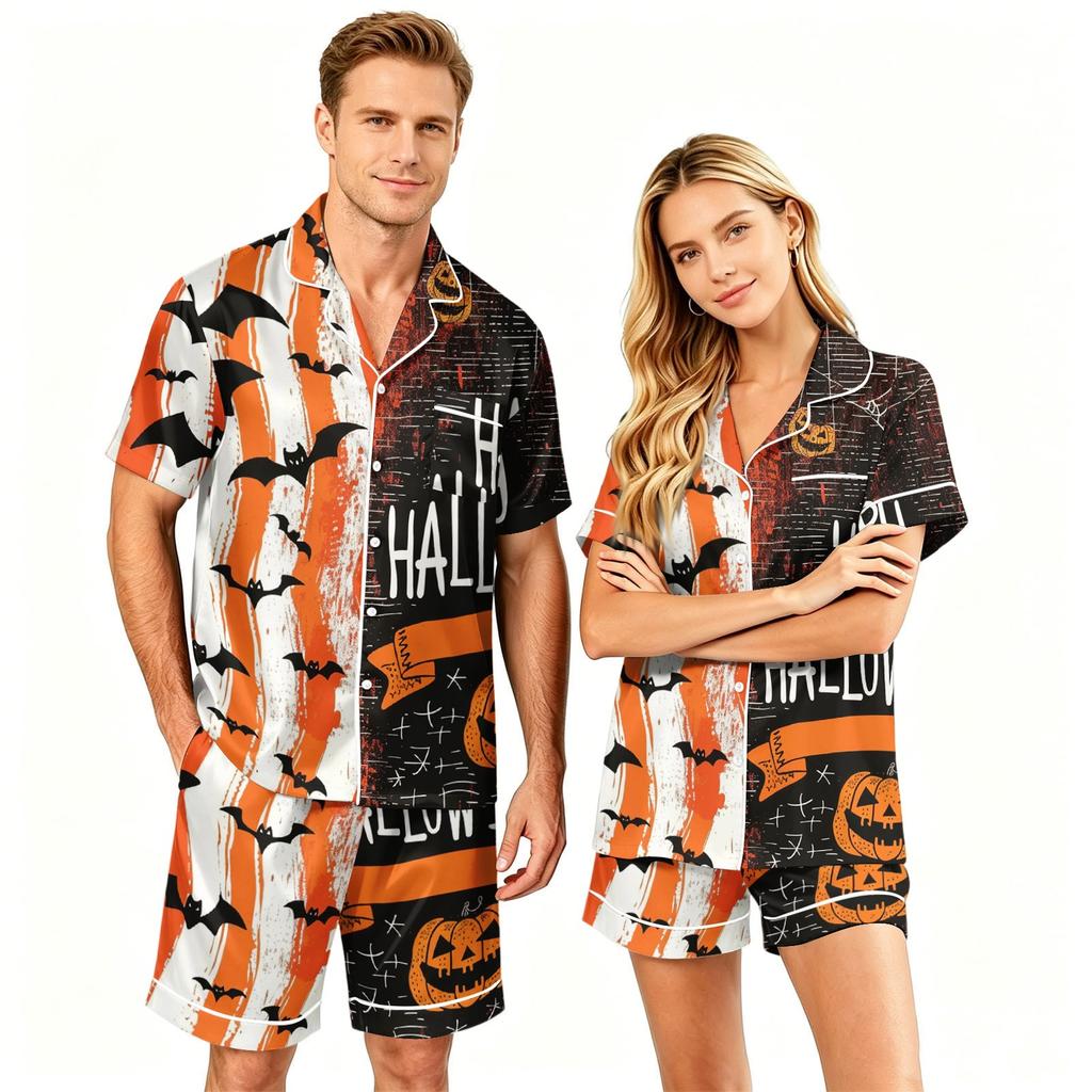 Couple Halloween Pajama Set Short Sleeve Button Down Shirt with Shorts Soft Casual Sleepwear S-XXXXL Matching Outfits for Men and Women