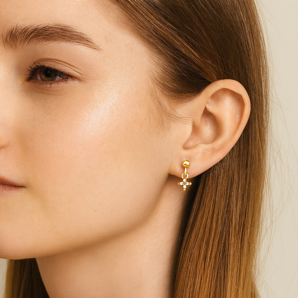 Petite Cross Drop Earrings - 925 Sterling Silver Gold Plated