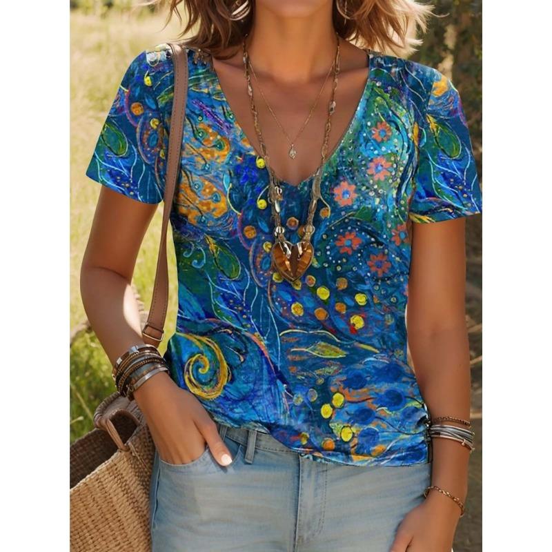 Sommer Neues Damen T-Shirt 3D Vintage Blumendruck V-Ausschnitt Kurzarmshirt Mode Damen T-Shirt Kleidung Y2k Damen T-Shirt