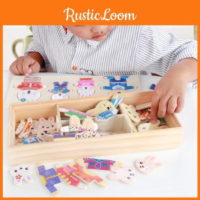 Houten Kinderspeelgoed Met Kleine Konijntjes Aankleed Puzzel Voor Leren En Spelen