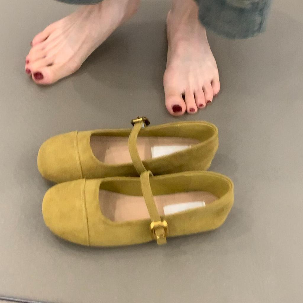 Soft-soled Version~ Retro Simple Style Flat-soled Small Single Shoes Women's Round Head, Shallow Mouth Matte Suede One-word Buckle Mary Jane Shoes