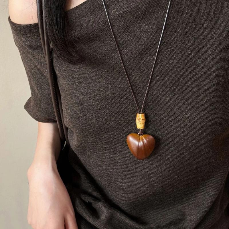 Retro Wood Glass Pendant Necklace Pu Leather Cord Long Sweater Chain Necklace For Women Fashion Jewelry Accessories